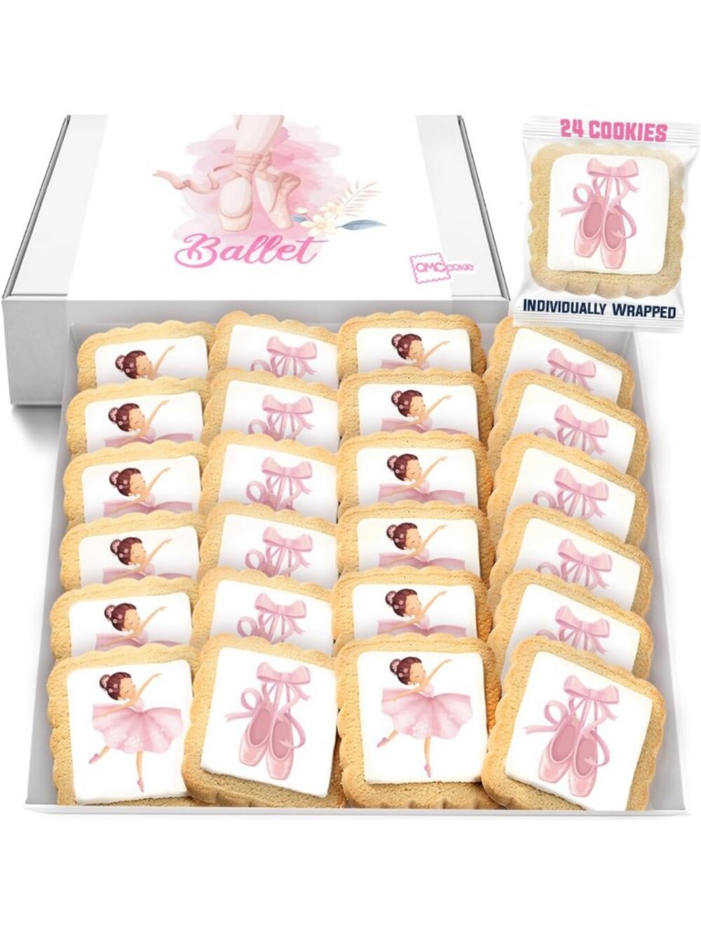 Ballet Dancer Cookies - Individually Wrapped, 24 Pack, Pink Bow Treats for